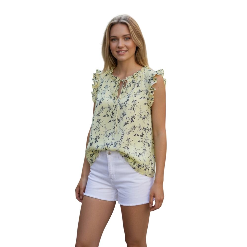CeCe Yellow Floral Ruffle Sleeve Tie Neck Lined Blouse NEW Size Small